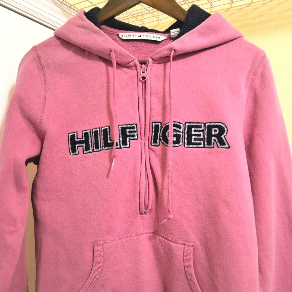 Tommy‎ Hilfiger Pink Half-Zip Hoodie Hilfiger Logo Fleece Sweatshirt Womens L